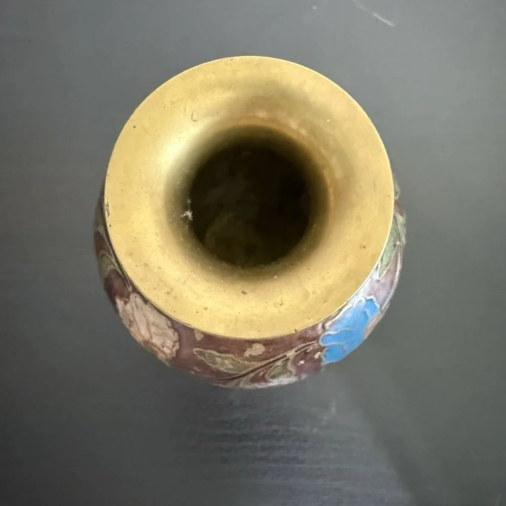 Vintage Brass Vase Floral‎ Design Enameled Hand Painted Flowers India Bud Vase